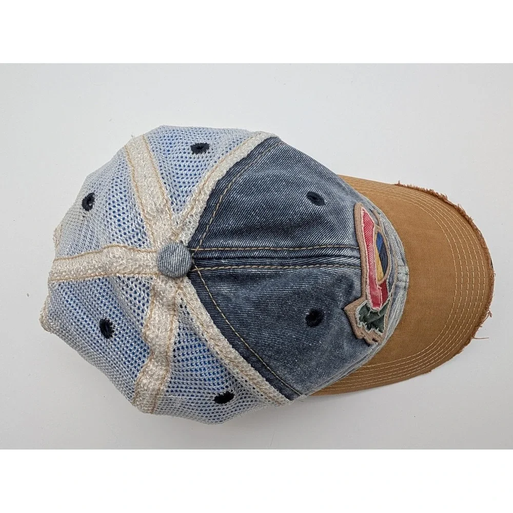 Legacy Old Favorite Colorado Trucker Hat Snapback Distressed Denim Mesh Blue Tan